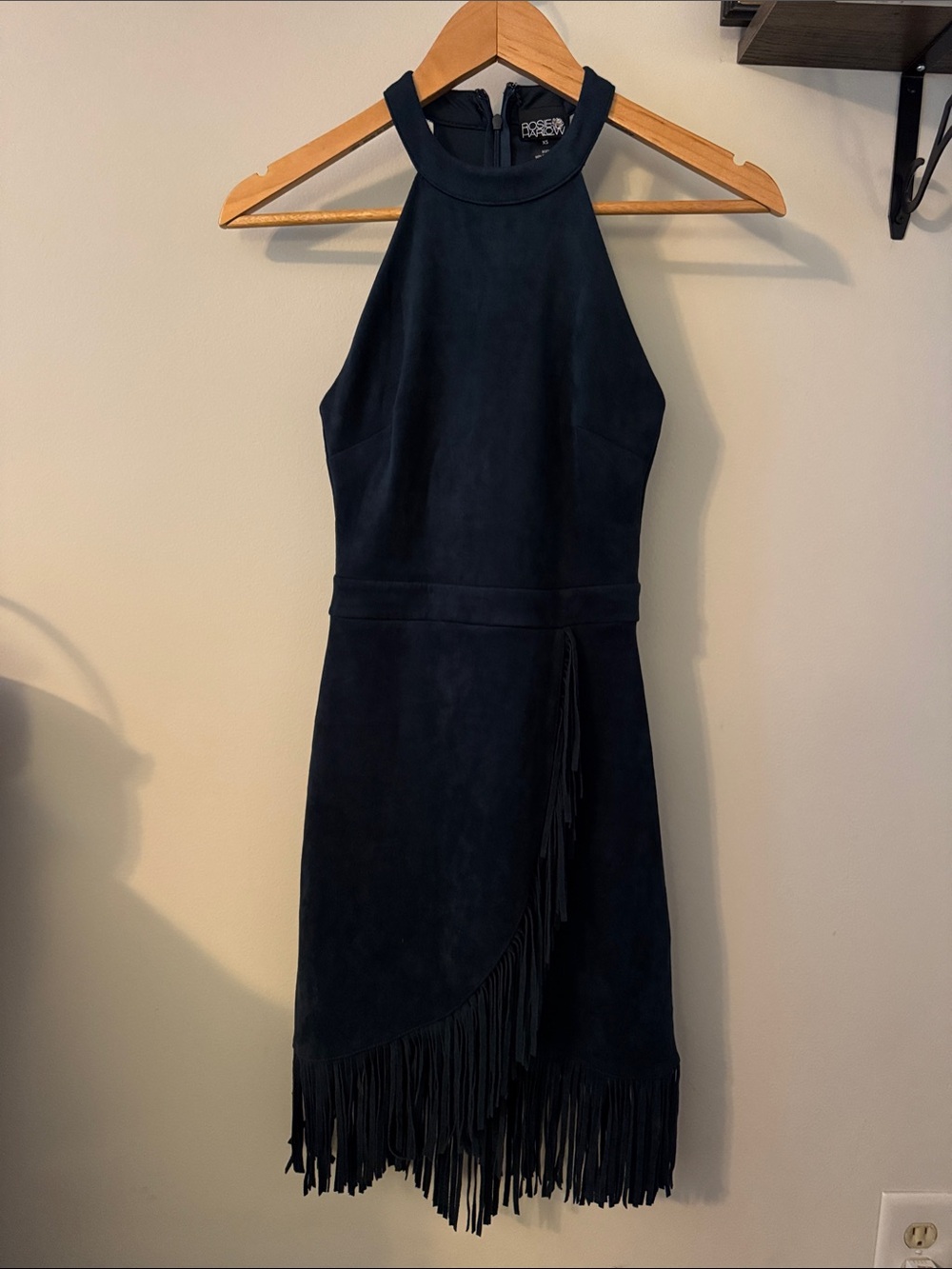 Teal Halter Suede Fringe Midi Dress